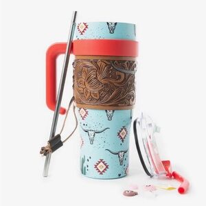 Myra Bag Kids Travel Tumbler in Turquoise & Red with Brown Leather Sleeve